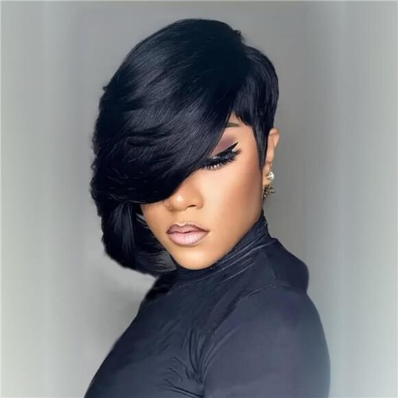 Side Part Pixie Cut Wigs for Black Women Natural 1B Color Short Layered Pixie